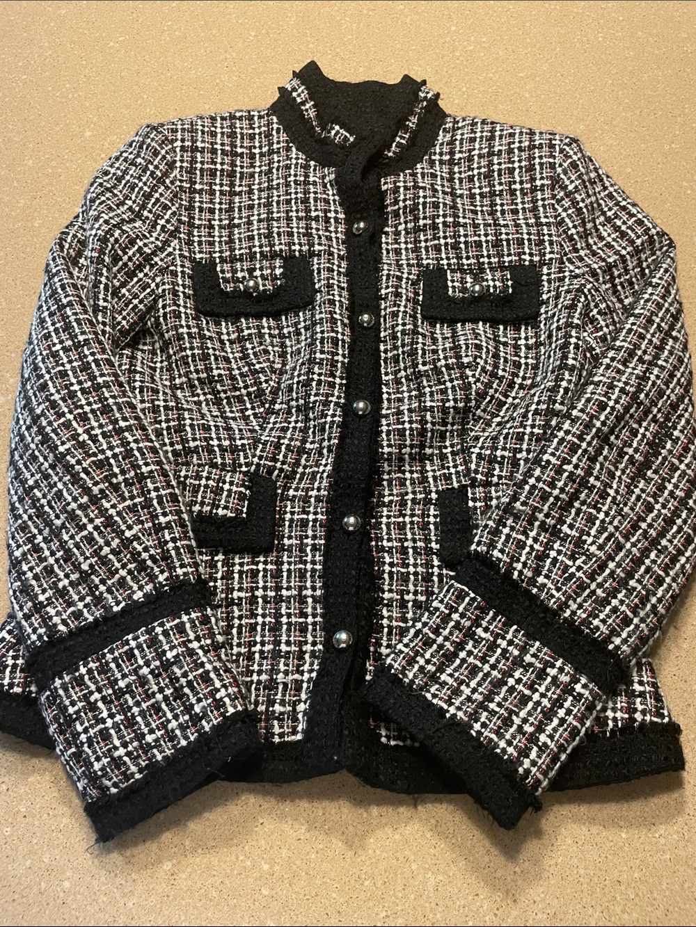 White House Black Market Black and White Tweed Button-Front Blazer